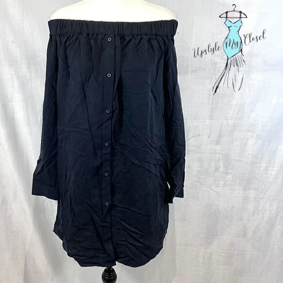 H&M dark navy long sleeve off shoulder shirt dress with pockets size 6 NWT - Picture 1 of 7